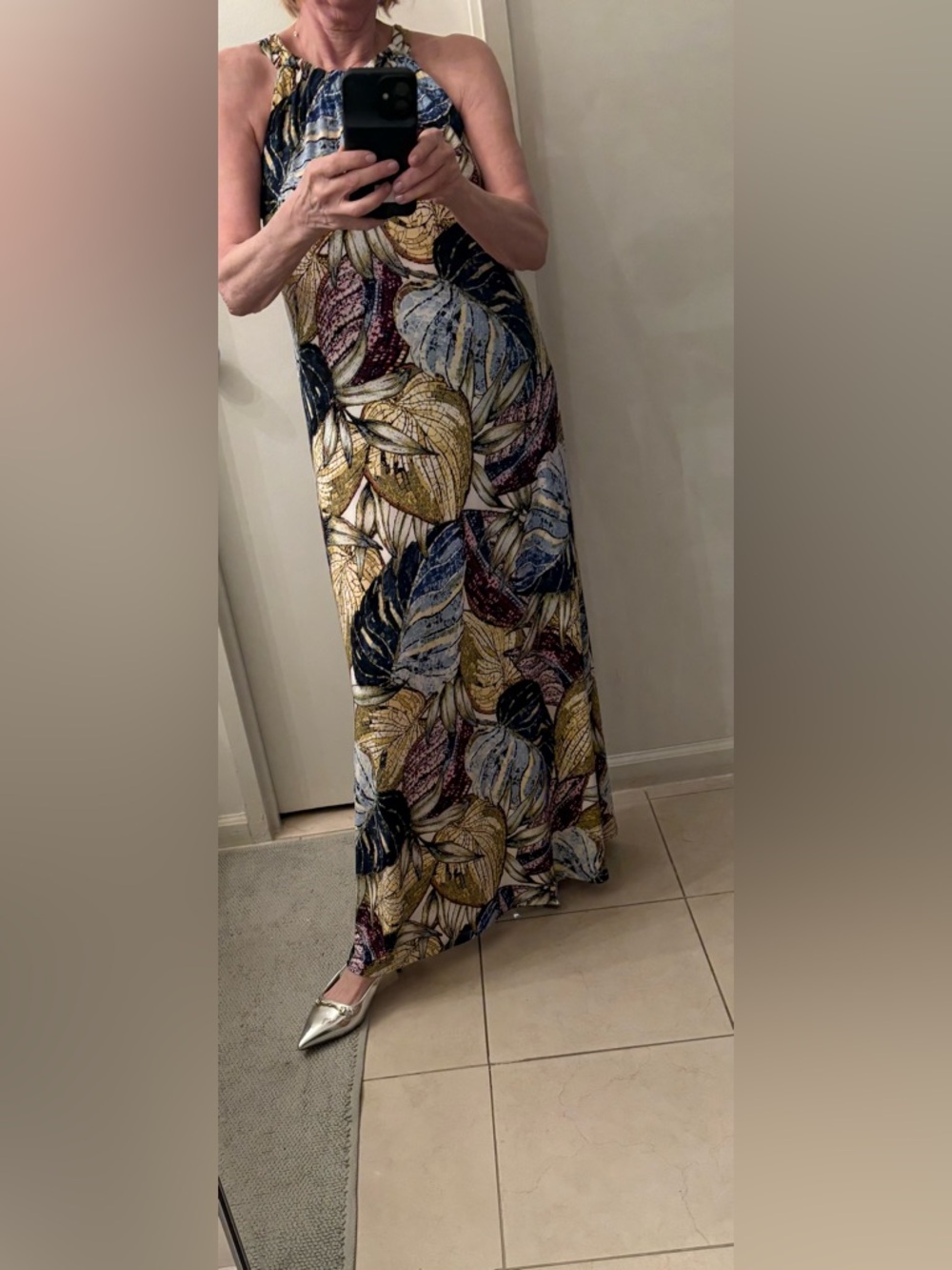 Tropical Leaf Maxi Dress in Mustard, Navy & Cream